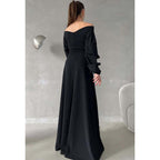 Vestido de fiesta largo sencillo con escote en V, hombros descubiertos y mangas abullonadas 