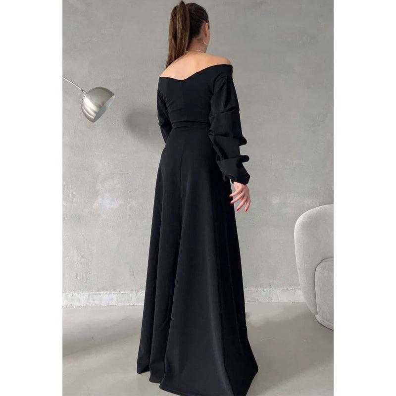 Vestido de fiesta largo sencillo con escote en V, hombros descubiertos y mangas abullonadas 