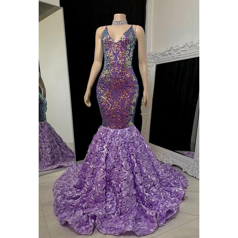 Vestido de fiesta largo estilo sirena con escote en V, tirantes finos y apliques de lentejuelas