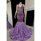 Vestido de fiesta largo estilo sirena con escote en V, tirantes finos y apliques de lentejuelas