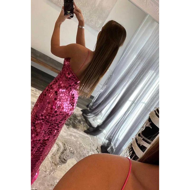 Vestido de fiesta largo con escote en V, tirantes finos, lentejuelas y abertura