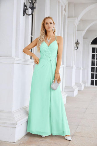 Ladies Chiffon Spaghetti Strap V Neck Front Slit Floor Length Bridesmaid Evening Dress Prom Party Wedding Evening Dress 28116-numbersea