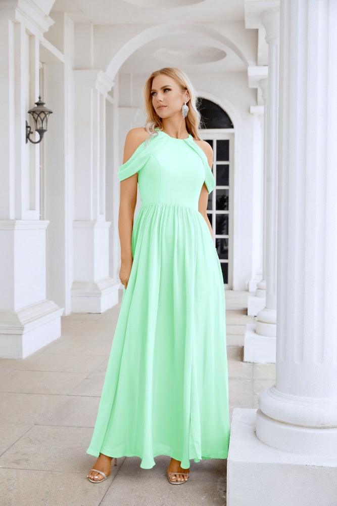 Ladies Chiffon Off Shoulder Swing Sleeve Front Slit Bridesmaid Evening Dress Wedding Party Evening Dress 28117-numbersea