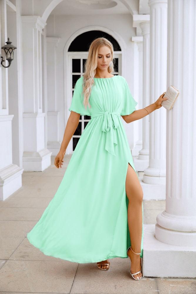 Ladies Chiffon Sleeve Crew Neck Front Slit Floor Length Bridesmaid Evening Dress Wedding Party Evening Dress 28124-numbersea