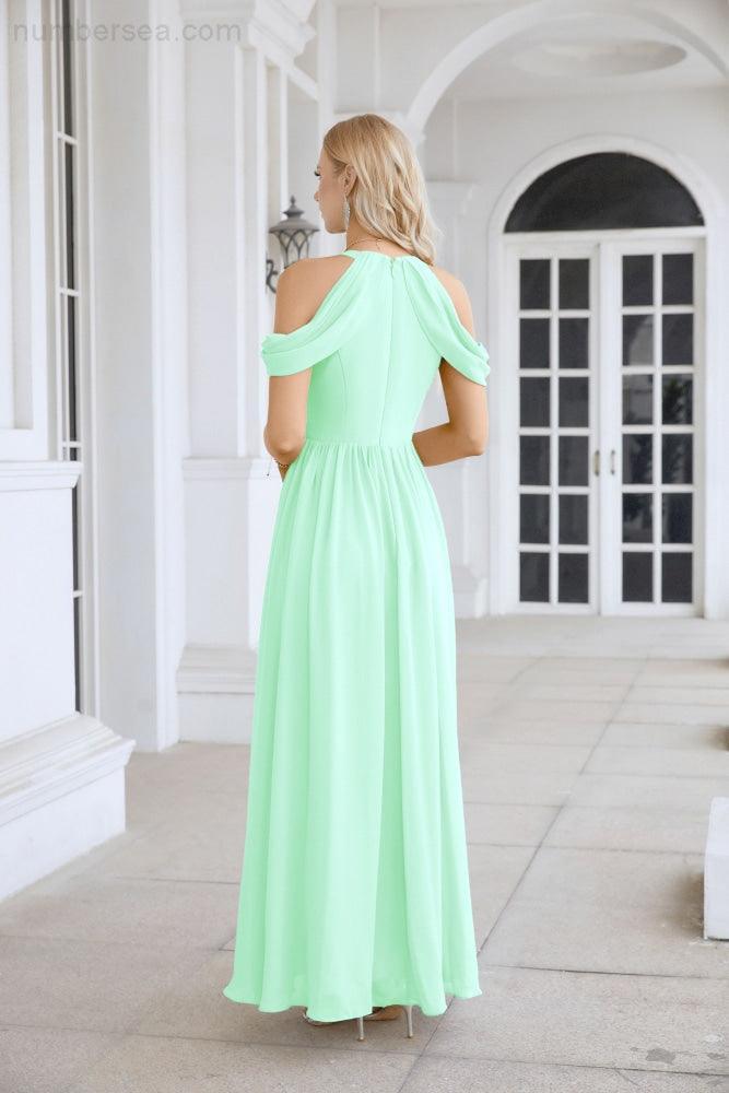 Ladies Chiffon Off Shoulder Swing Sleeve Front Slit Bridesmaid Evening Dress Wedding Party Evening Dress 28117-numbersea
