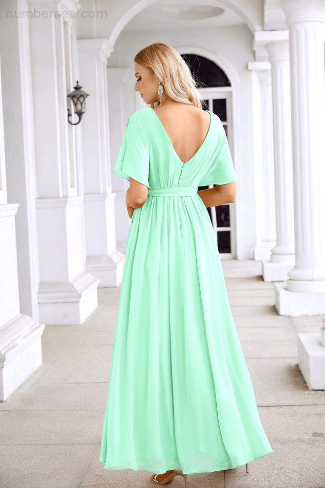 Ladies Chiffon Sleeve Crew Neck Front Slit Floor Length Bridesmaid Evening Dress Wedding Party Evening Dress 28124-numbersea