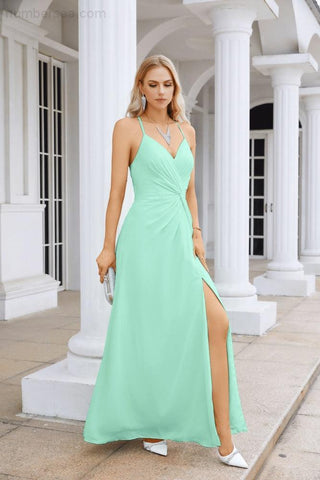 Ladies Chiffon Spaghetti Strap V Neck Front Slit Floor Length Bridesmaid Evening Dress Prom Party Wedding Evening Dress 28116-numbersea