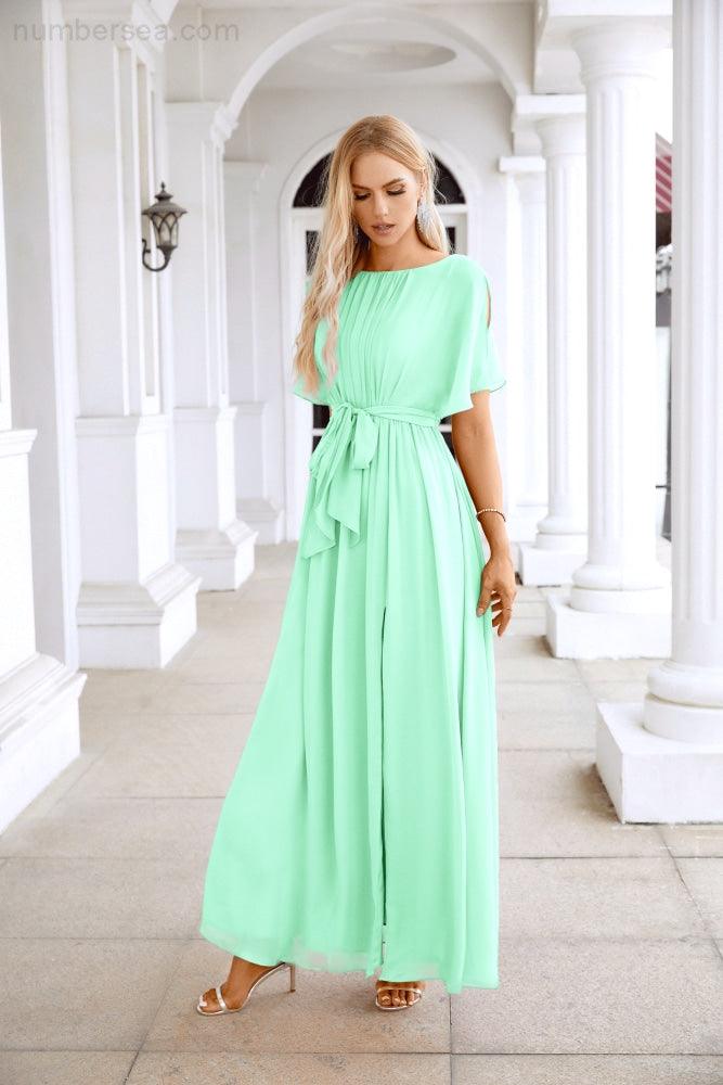 Ladies Chiffon Sleeve Crew Neck Front Slit Floor Length Bridesmaid Evening Dress Wedding Party Evening Dress 28124-numbersea