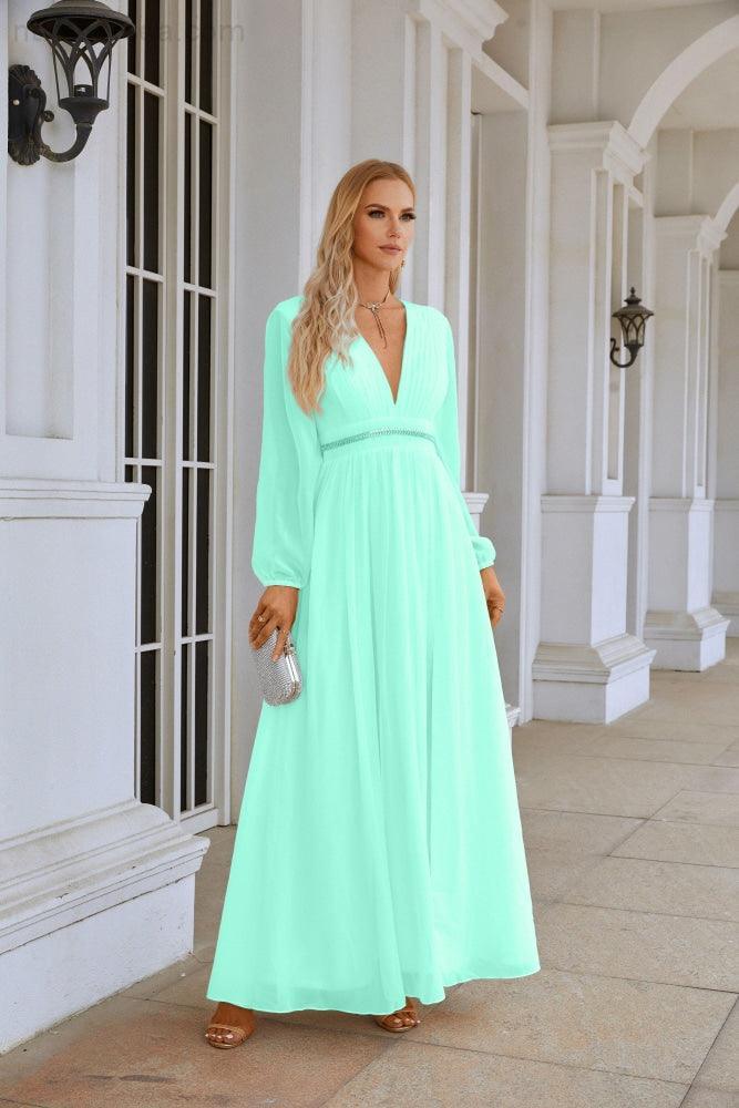 Ladies V Neck Chiffon Long Sleeve Front Slit Bridesmaid Evening Dress Wedding Party Shopping Evening Dress 28109-numbersea