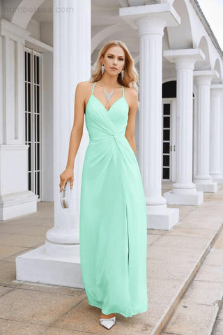 Ladies Chiffon Spaghetti Strap V Neck Front Slit Floor Length Bridesmaid Evening Dress Prom Party Wedding Evening Dress 28116-numbersea