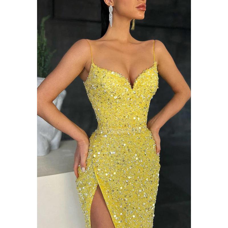 Vestido de fiesta largo con escote en V, tirantes finos, lentejuelas y abertura