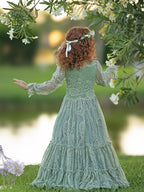 Vestido bohemio verde salvia con encaje hasta los tobillos para niña de las flores 