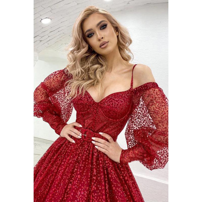 Vestido de fiesta brillante con mangas largas y tirantes finos para mujer 