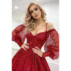 Vestido de fiesta brillante con mangas largas y tirantes finos para mujer 