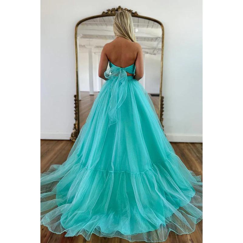 Vestido largo de fiesta de bienvenida con corte A de tul fruncido sin tirantes