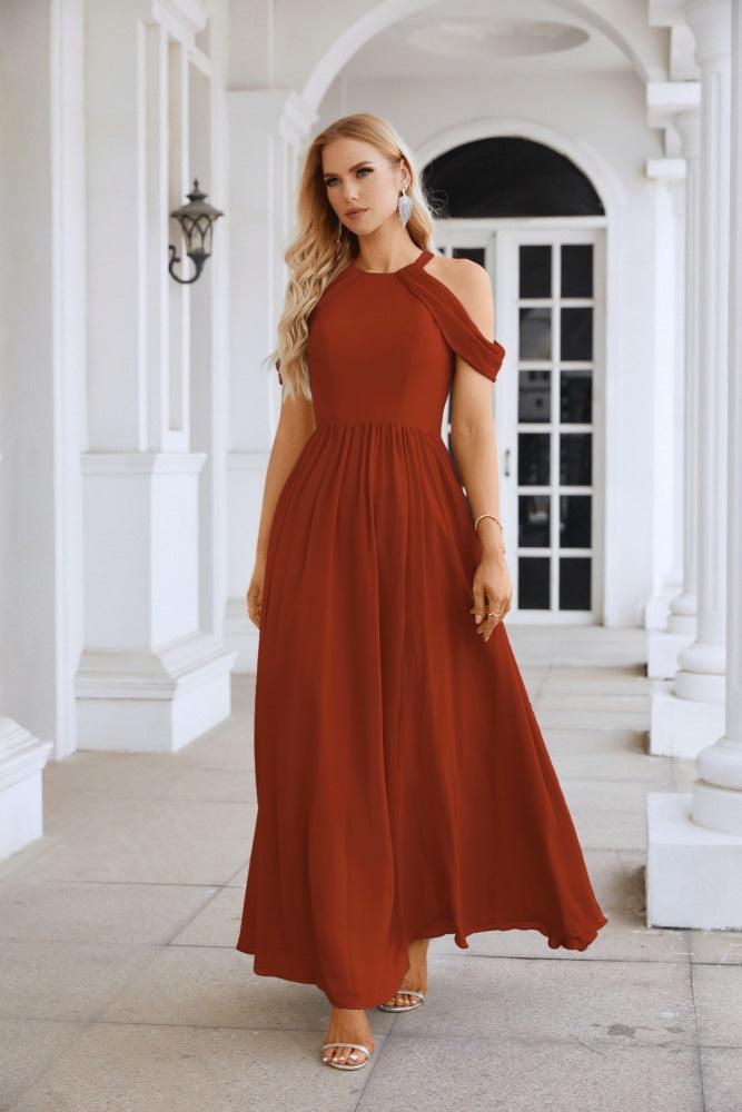Ladies Chiffon Off Shoulder Swing Sleeve Front Slit Bridesmaid Evening Dress Wedding Party Evening Dress 28117-numbersea