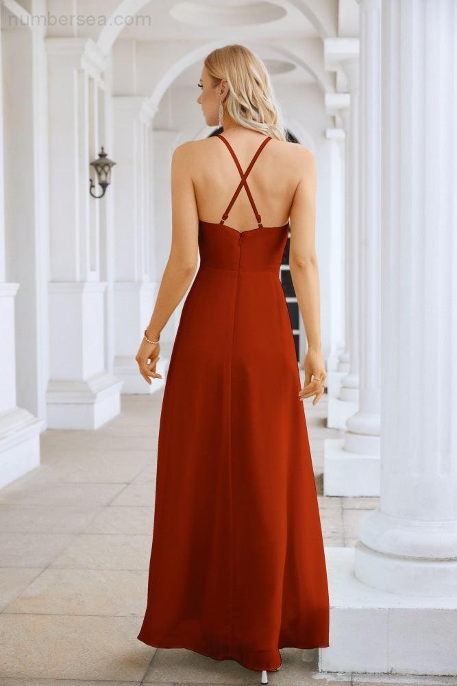 Ladies Chiffon Spaghetti Strap V Neck Front Slit Floor Length Bridesmaid Evening Dress Prom Party Wedding Evening Dress 28116-numbersea