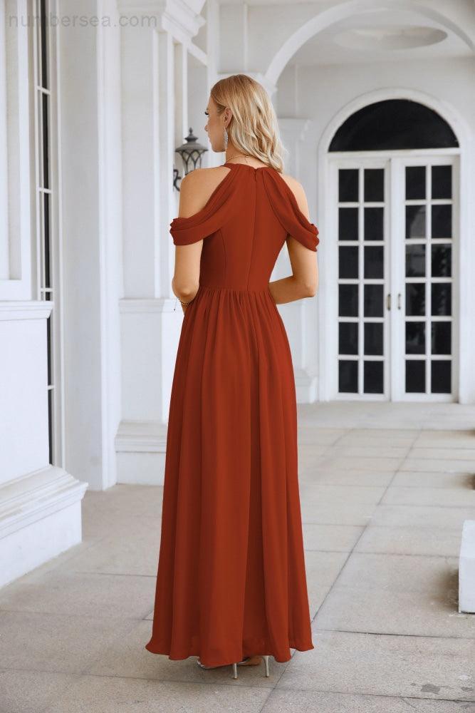 Ladies Chiffon Off Shoulder Swing Sleeve Front Slit Bridesmaid Evening Dress Wedding Party Evening Dress 28117-numbersea
