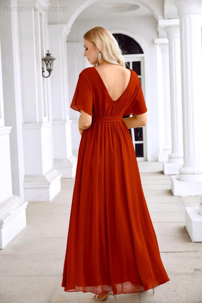 Ladies Chiffon Sleeve Crew Neck Front Slit Floor Length Bridesmaid Evening Dress Wedding Party Evening Dress 28124-numbersea