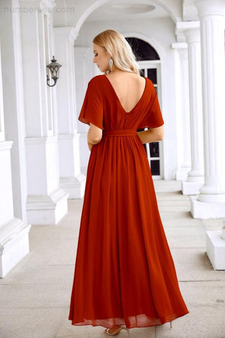 Ladies Chiffon Sleeve Crew Neck Front Slit Floor Length Bridesmaid Evening Dress Wedding Party Evening Dress 28124-numbersea