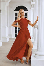 Ladies Chiffon Off Shoulder Swing Sleeve Front Slit Bridesmaid Evening Dress Wedding Party Evening Dress 28117-numbersea