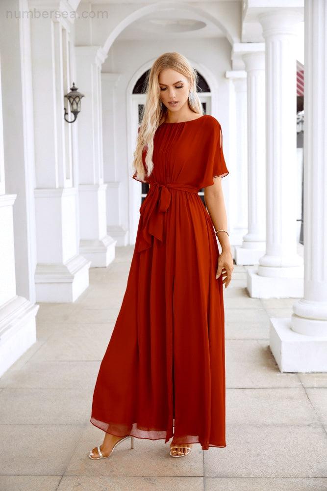 Ladies Chiffon Sleeve Crew Neck Front Slit Floor Length Bridesmaid Evening Dress Wedding Party Evening Dress 28124-numbersea
