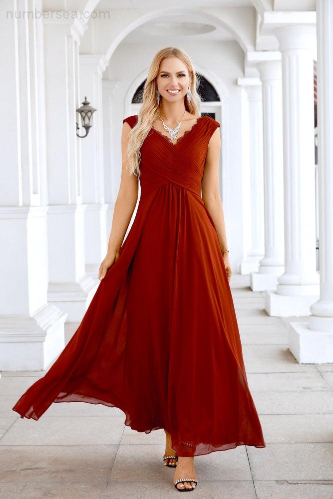 Ladies Chiffon V Neck Sleeveless Floor Length Bridesmaid Evening Dress Wedding Party Evening Dress 28126-numbersea