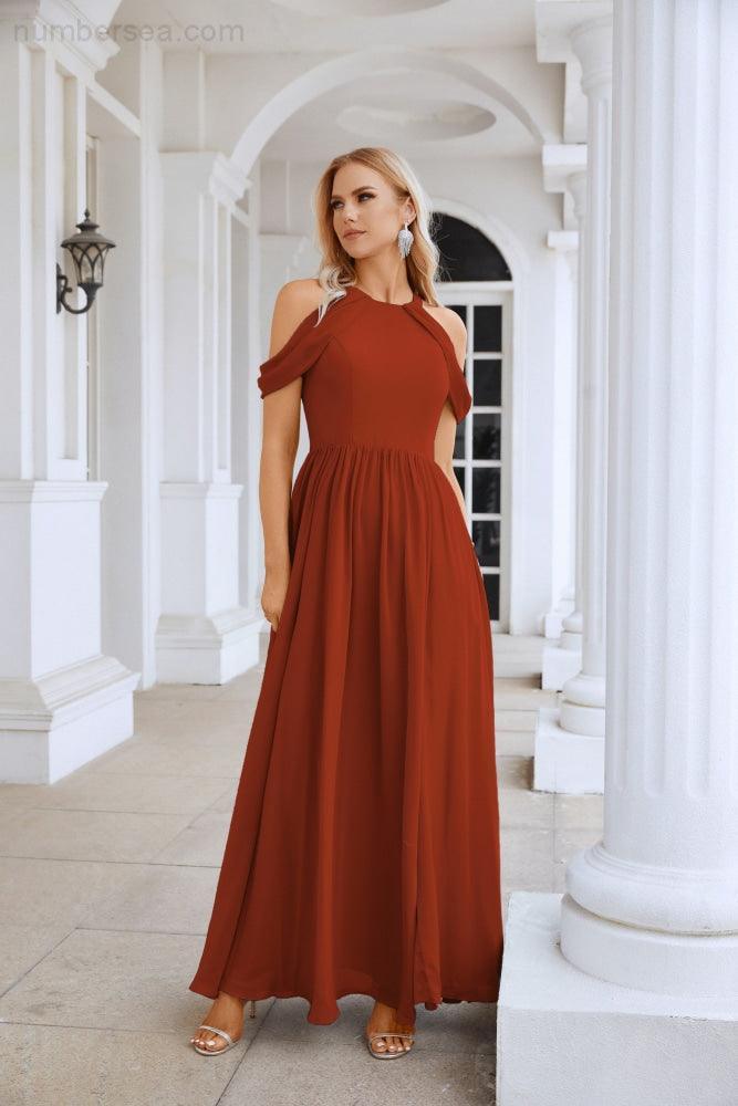 Ladies Chiffon Off Shoulder Swing Sleeve Front Slit Bridesmaid Evening Dress Wedding Party Evening Dress 28117-numbersea