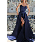 Vestido de noche largo de fiesta con escote en forma de A, sin tirantes y abertura en el muslo