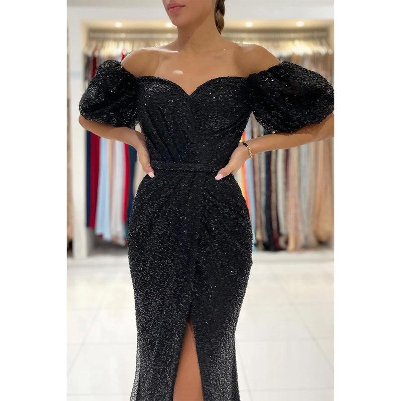Vestido de fiesta único de sirena con hombros descubiertos, mangas cortas y abertura alta con purpurina 