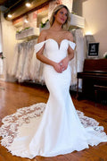 Vestido de novia blanco sirena hombros descubiertos largo con encaje