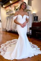 Vestido de novia blanco sirena hombros descubiertos largo con encaje