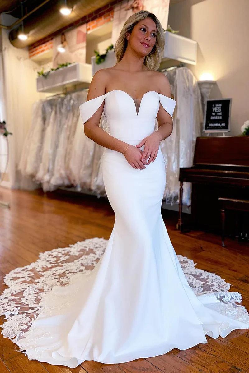 Vestido de novia blanco sirena hombros descubiertos largo con encaje