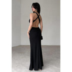 Vestido de fiesta sencillo e informal de corte tubo/columna, escote en V, sin mangas, estilo halter y tirantes cruzados