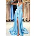 V-Neck Sheath/Column Satin Pleats Split Criss-Cross Straps Prom Dress