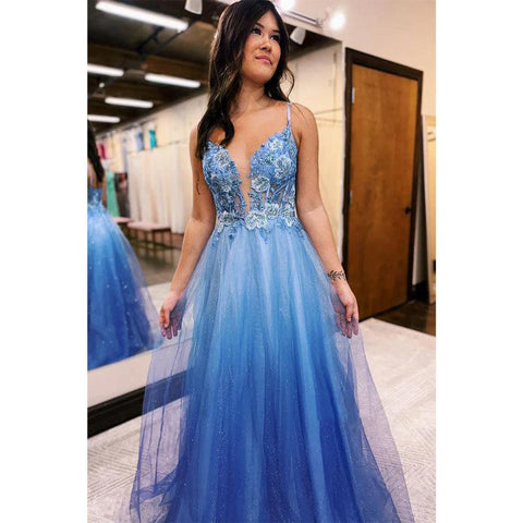 V-neck Appliques Spaghetti Straps Ombre Glitter Tulle Long Prom Evening Dress