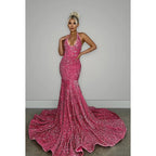 Vestido de noche largo de sirena con escote en V, espalda descubierta, lentejuelas y cola larga