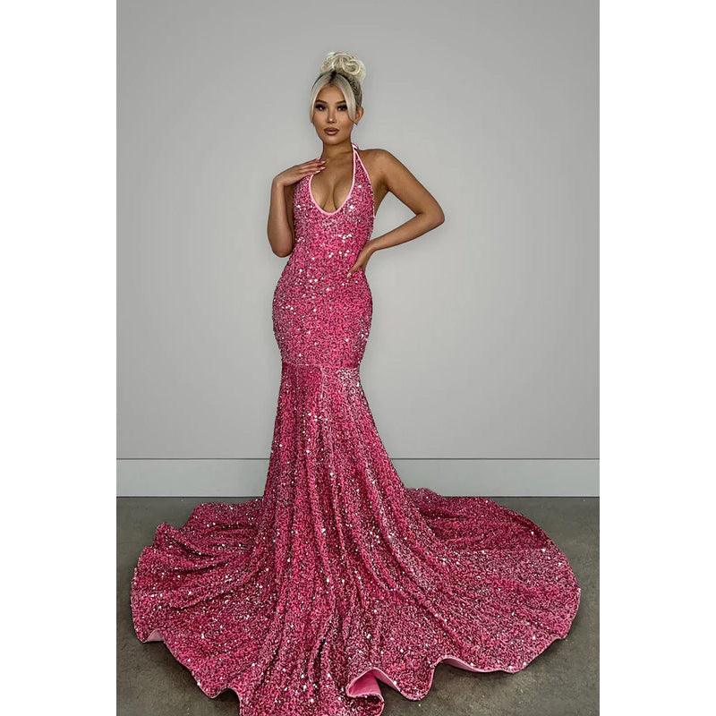 V-Neck Halter Backless Sequins Mermaid Long Prom Evening Dress With Sweep Train