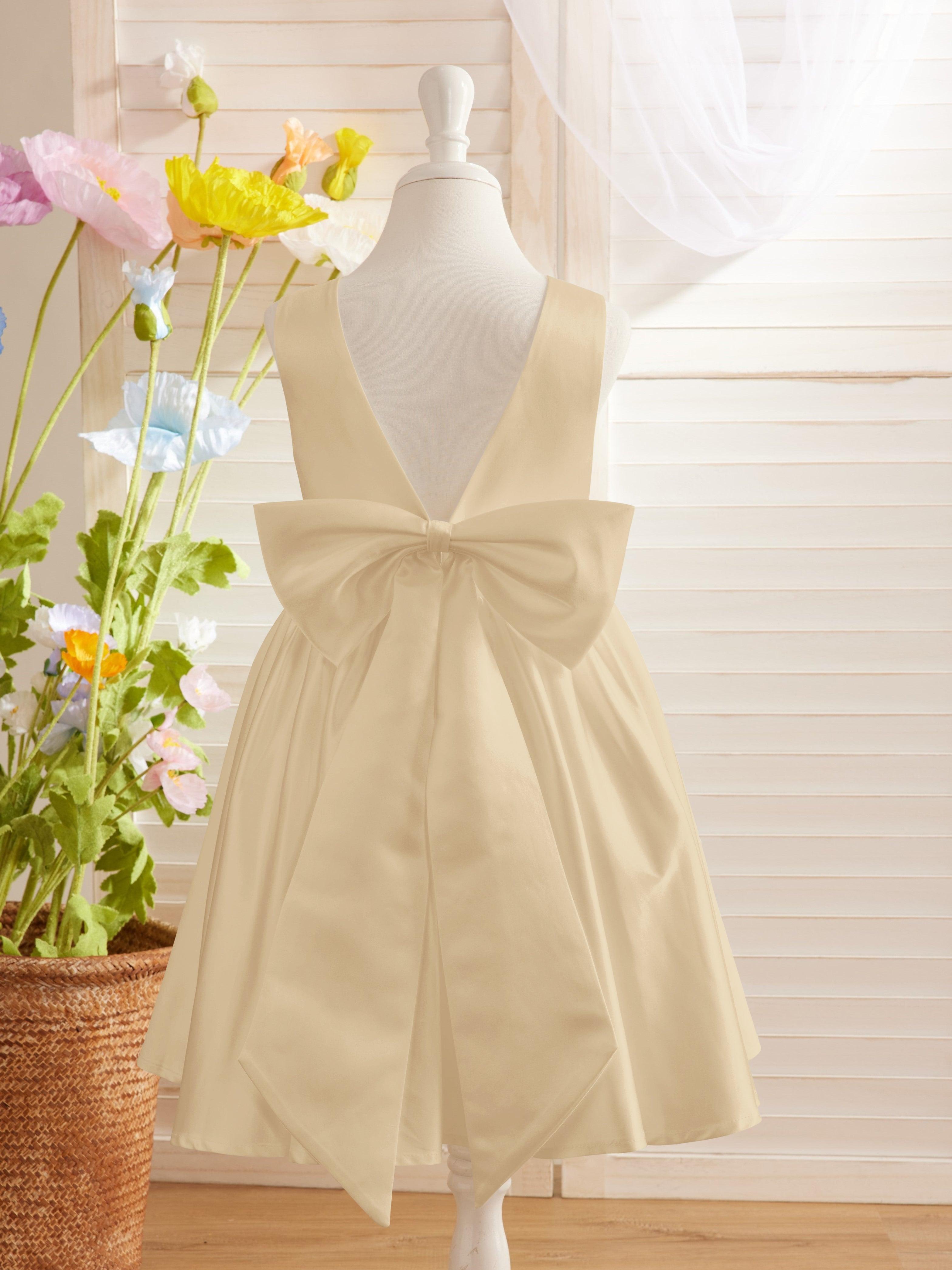 Elegantes A-Linien-Satin-Kleid mit V-Rücken und Schleife, knielang, Blumenmädchenkleid