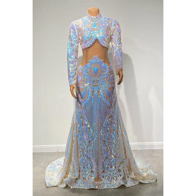 Vestido de fiesta de sirena con apliques de lentejuelas y cuello alto único para chica negra 