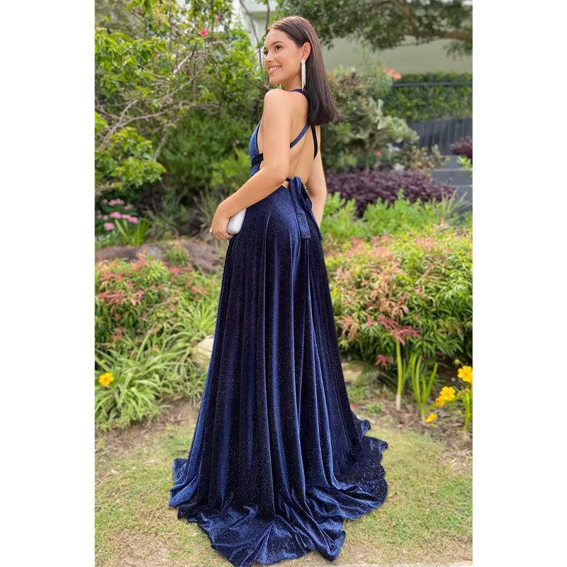 Vestido de fiesta largo de terciopelo con escote en V pronunciado y abertura alta 