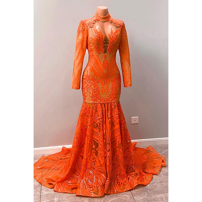 Vestido de fiesta estilo sirena americana con escote alto, apliques de lentejuelas y mangas largas 