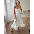 Vestidos de noche formales largos con tirantes finos y volantes redondos 