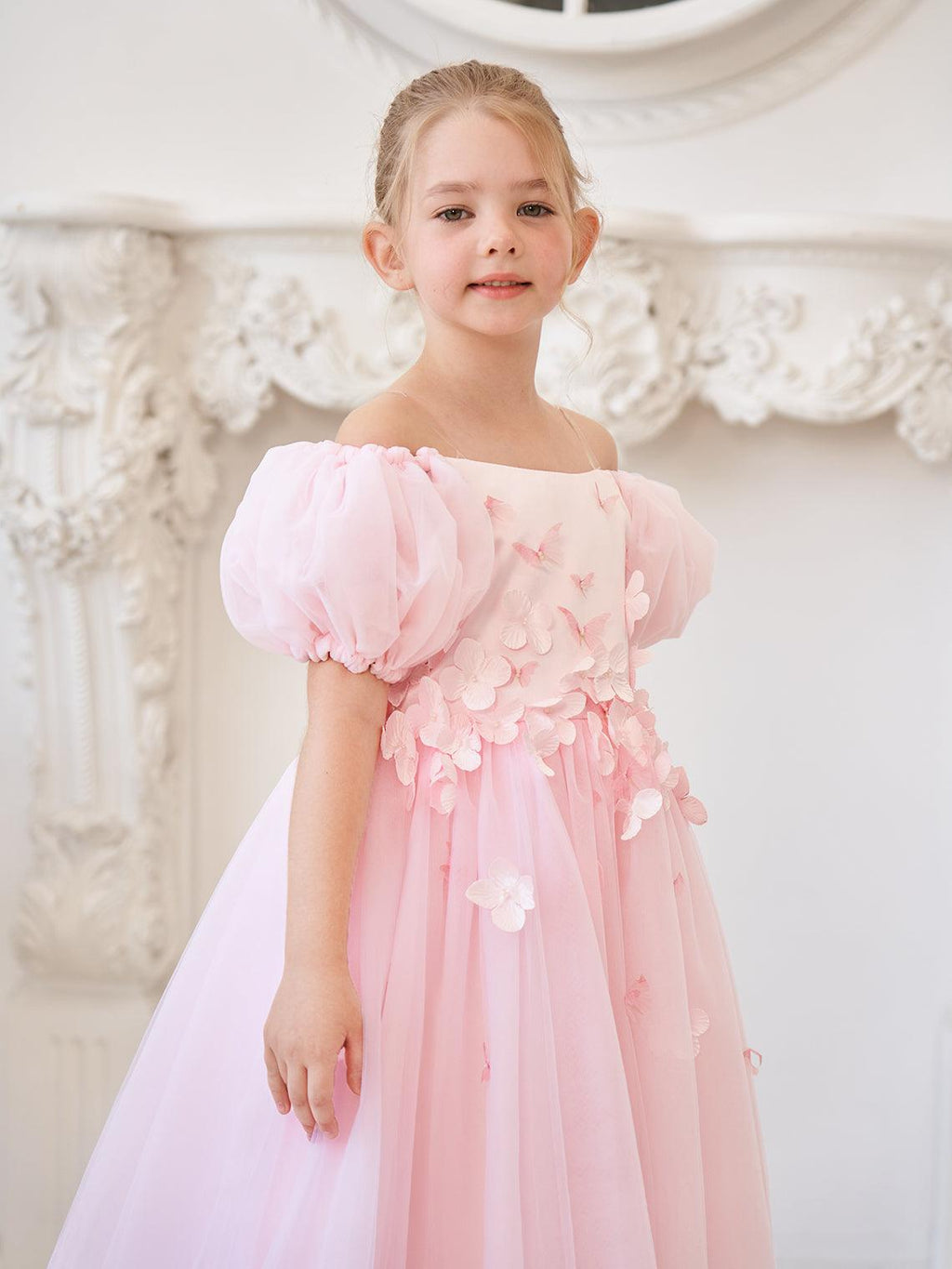 Vestido de tul para niña de las flores, largo hasta la rodilla, con mangas abullonadas y hombros descubiertos, apliques florales 3D 
