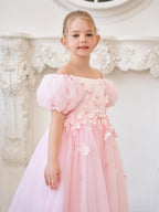Vestido de tul para niña de las flores, largo hasta la rodilla, con mangas abullonadas y hombros descubiertos, apliques florales 3D 