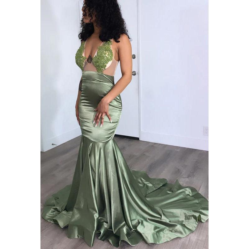 V-Neck Sleeveless Appliqued Sheer Tulle Mermaid Long Prom Evening Dress