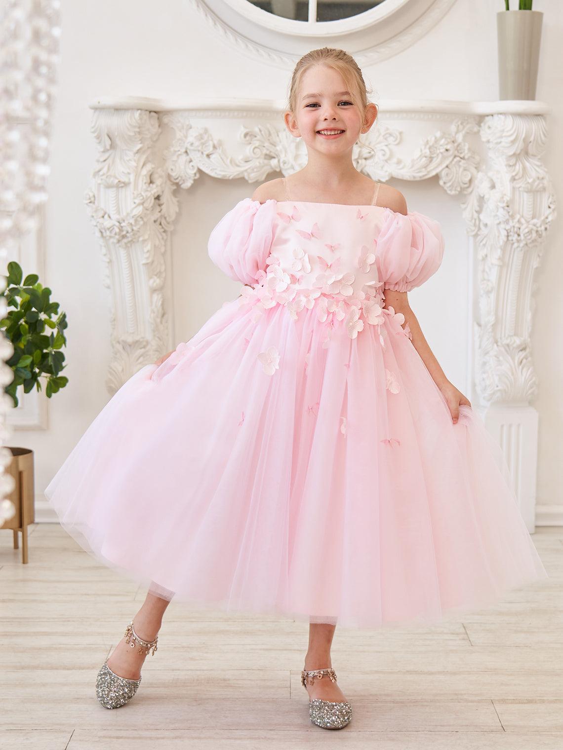 Vestido de tul para niña de las flores, largo hasta la rodilla, con mangas abullonadas y hombros descubiertos, apliques florales 3D 