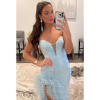 Vestido de noche formal de fiesta sin mangas con escote en V, lentejuelas y plumas