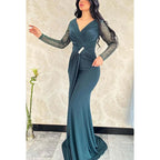 V-Neck Long Sleeves Sequined Beaded Ruched Satin Sheath Evening Dress