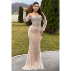 Glamouröses und dramatisches schulterfreies Ballkleid im Trompeten-/Meerjungfrauenstil mit langen Ärmeln und Perlen
